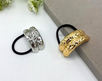 Metal Elastic Hair Band, Gold Silver Hair Tie, Double Arch Ponytail Holder, Glossy Hair Cuff, Minimalist Hair Accessories, Wedding Hair Tie