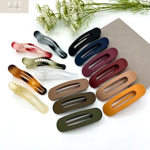 Könnte beinhalten: Eine Sammlung von Haarspangen in verschiedenen Farben, darunter transparent, rot, grau, schwarz, marineblau, weinrot, braun, beige, olivgrün und orange. Die Spangen sind aus Kunststoff und haben ein schlichtes, elegantes Design. Draufsicht.