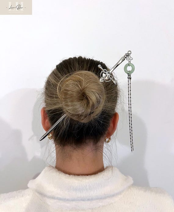 Silver Sword Hair Pin, Metal Tassel Hair Stick, Gothic Blade Bun Holder, Gold Hair Fork, Viking Hair Jewelry, Cosplay Hair Accessories