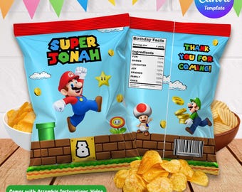 Editable Mario Chip Bag Template, Mario Snack Wrapper, Mario Chip Bag Label, Mario Snack Label, Mario Chip Bag Wrapper, Canva Template