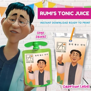 Kpop Dämonenjäger, Dr. Han Tonic Drink Wrapper, GoGo Squeez, Capri Sonne Saft Etikett, Rumi&#39;s Medizin, Huntrix Cosplay, Kpop Party druckbare