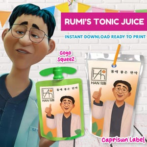 May include: An illustration of a cartoon man wearing glasses and a white coat, with two juice pouches. The pouches are labeled "RUMI'S TONIC JUICE" and "HAN 의원". One pouch is green with a green cap, and the other is a clear pouch with a straw.