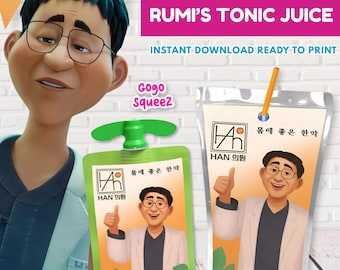 Kpop Demon Hunters, Dr Han's Tonic Drink Wrapper, GoGo Squeez, Capri Sun Juice Label, Rumi's Medicine, Huntrix Cosplay, Kpop Party Printable