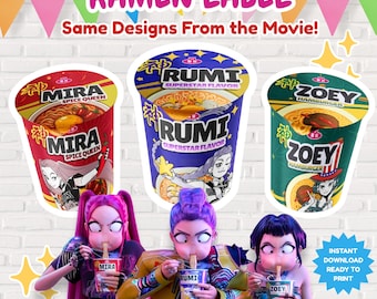 Etiquetas para vasos de ramen de Kpop Demon Hunters, envoltorios imprimibles para vasos de ramen, accesorios para fiestas de Halloween, envoltorio de ramen de Kpop Demon Hunters, cosplay de Huntrix