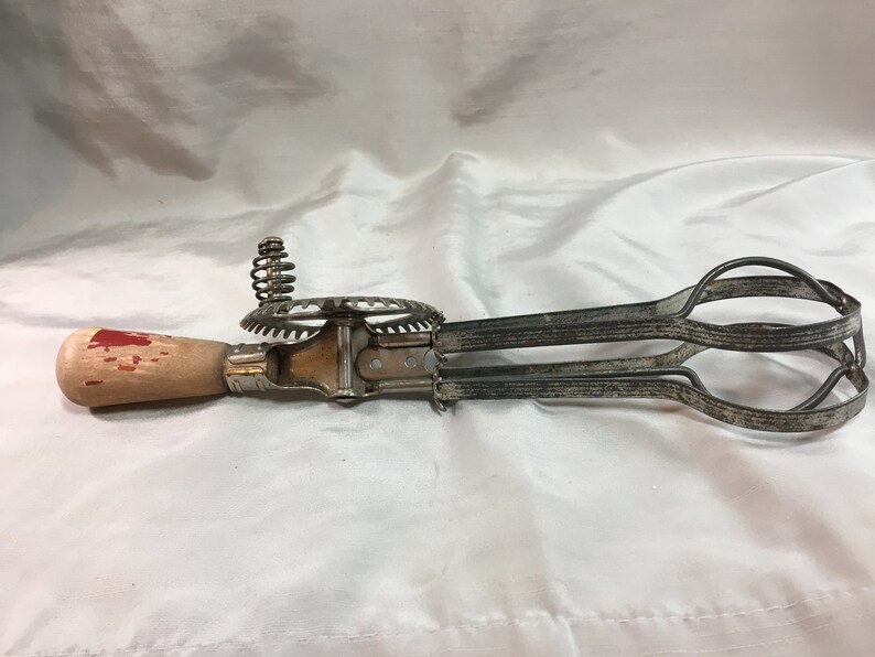 Vintage Ekco Hand Mixer with Chippy Red Wood Handle Egg Beater Rotary Beater Farmhouse Decor Shabby Chic Made in USA