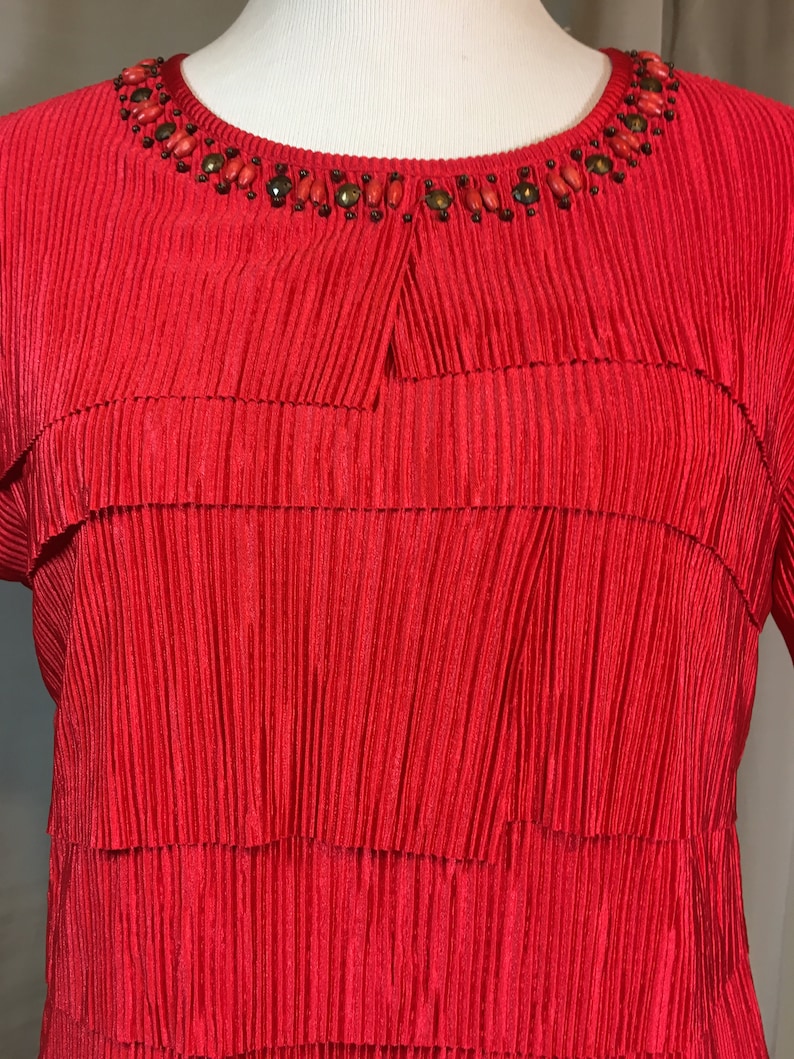 Vintage Bright Red Blouse with Red and Brown Wood and Metal Beads Shell is Fully Lined by Alfred Dunner Ladies Small