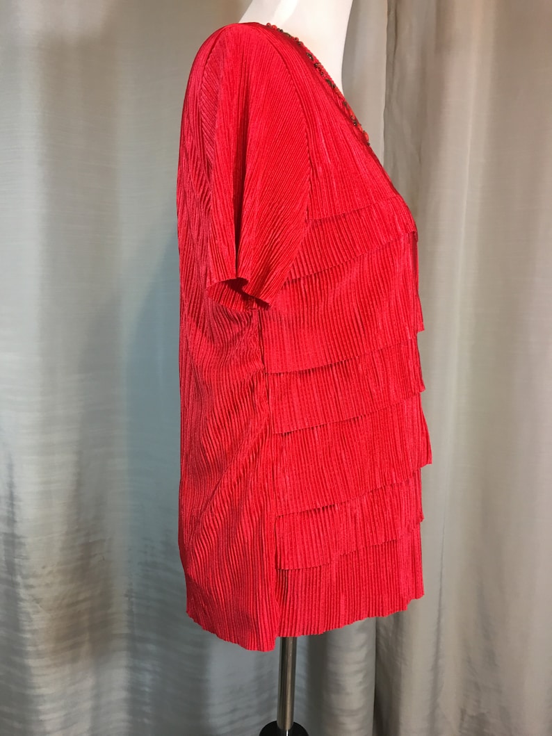 Vintage Bright Red Blouse with Red and Brown Wood and Metal Beads Shell is Fully Lined by Alfred Dunner Ladies Small