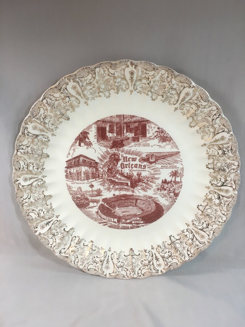 Vintage New Orleans Souvenir Plate White with Dark Red Etsy