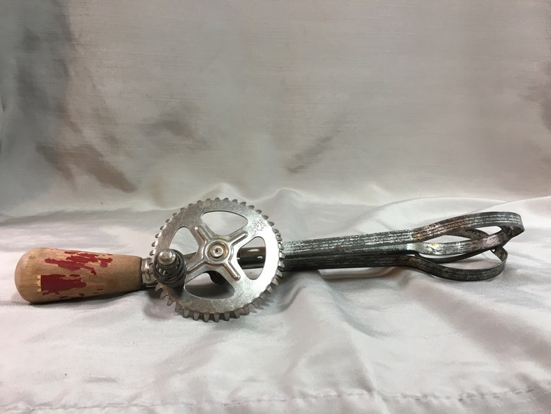 Vintage Ekco Hand Mixer with Chippy Red Wood Handle Egg Beater Rotary Beater Farmhouse Decor Shabby Chic Made in USA