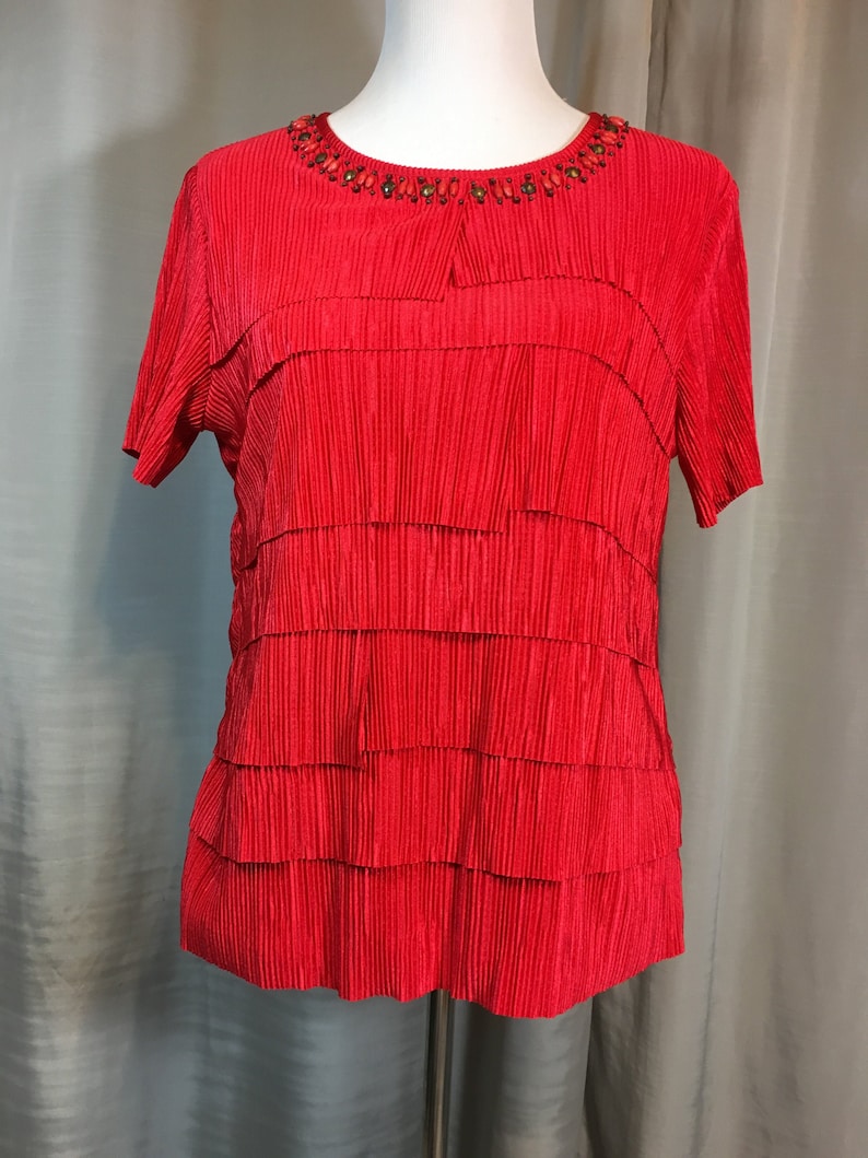 Vintage Bright Red Blouse with Red and Brown Wood and Metal Beads Shell is Fully Lined by Alfred Dunner Ladies Small