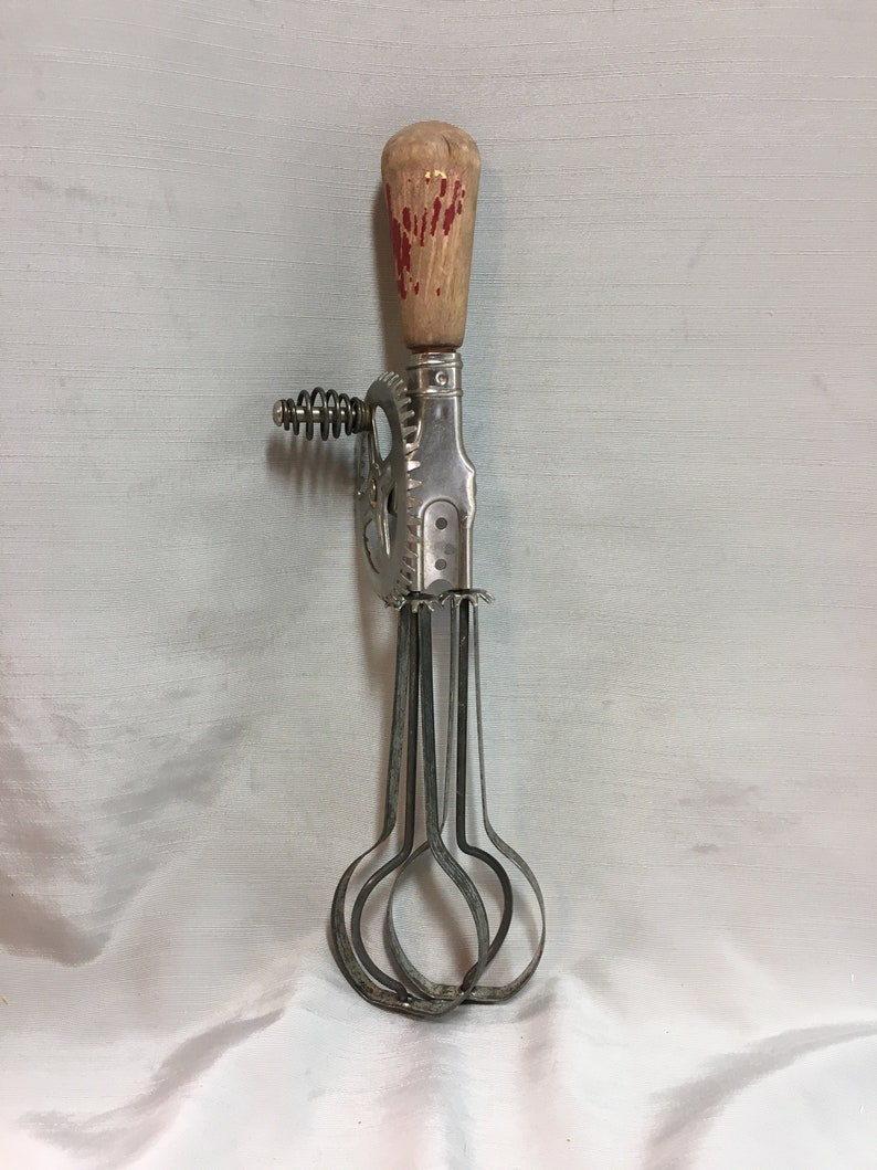 Vintage Ekco Hand Mixer with Chippy Red Wood Handle Egg Beater Rotary Beater Farmhouse Decor Shabby Chic Made in USA