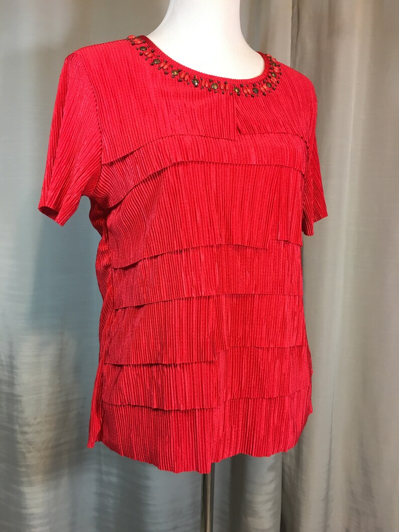 Vintage Bright Red Blouse with Red and Brown Wood and Metal Beads Shell is Fully Lined by Alfred Dunner Ladies Small