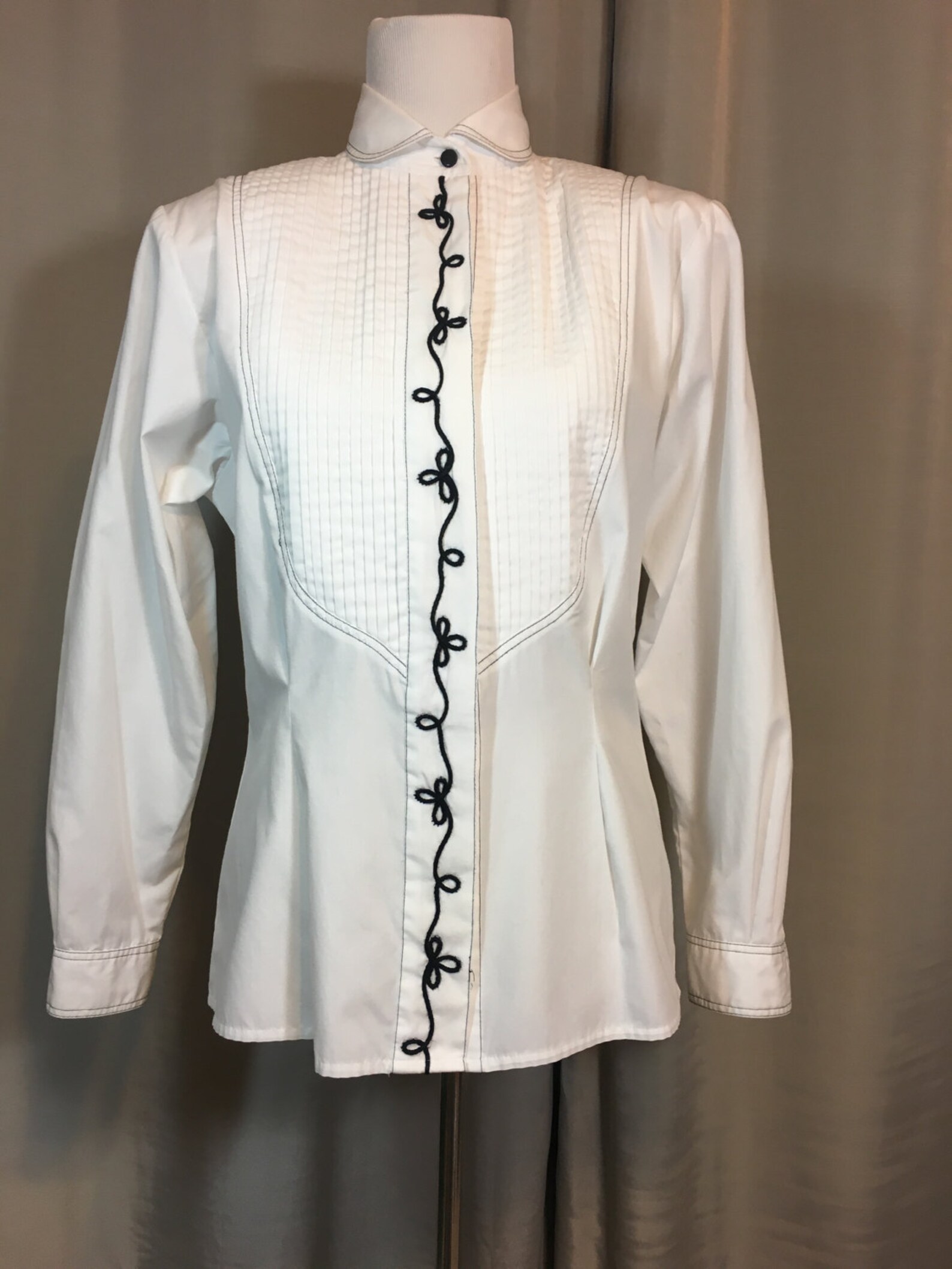 White Long Sleeve Blouse With Black Trim Pleated Front by | Etsy