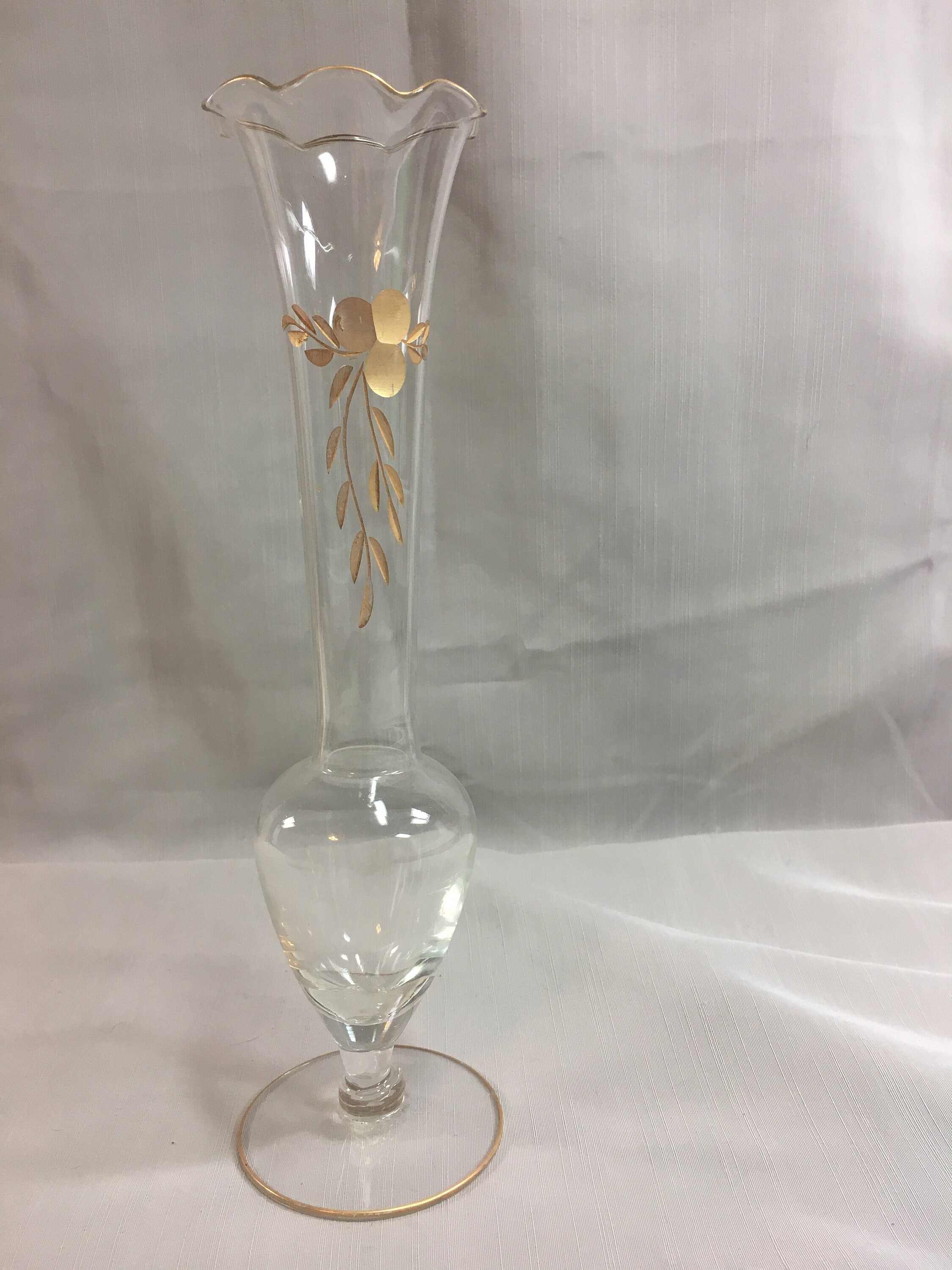 Vintage Clear Glass Bud Vase with Gold Flower and Leaves and Etsy