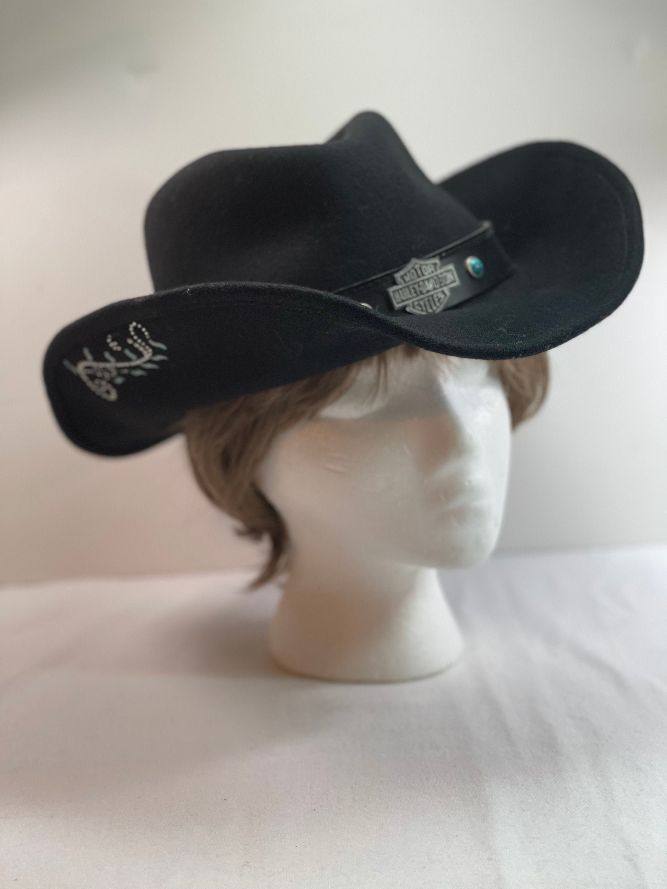 Vintage Black Harley Davidson Cowboy Hat With Turquoise and White