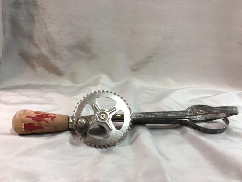 Vintage Ekco Hand Mixer with Chippy Red Wood Handle Egg Beater Rotary Beater Farmhouse Decor Shabby Chic Made in USA