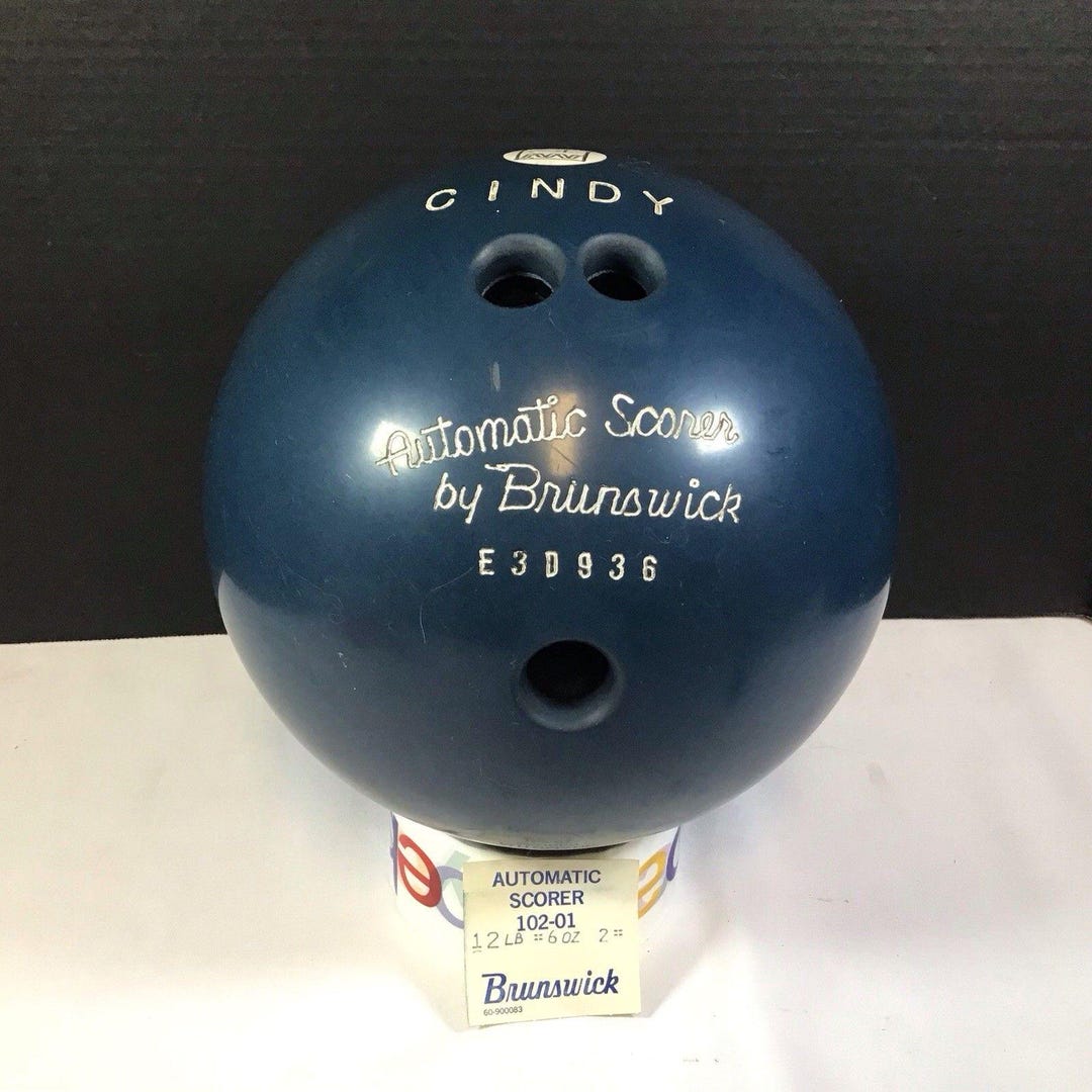 Vintage Brunswick Automatic Scorner Blue Bowling Ball E3D936 Drilled 12 ...