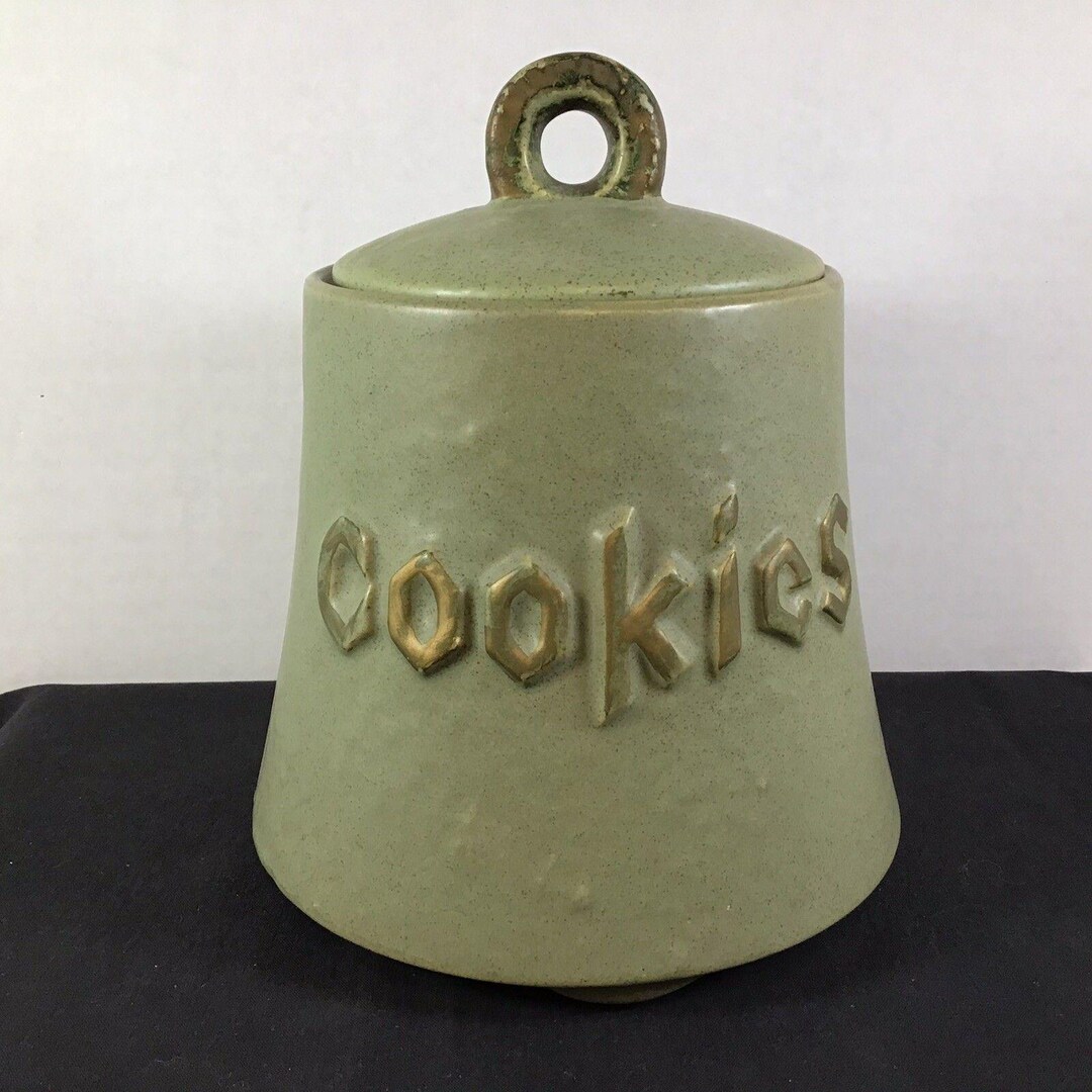Vintage Mccoy Pottery Cookie Jar Bell Shape Green With Gold Lettering ...