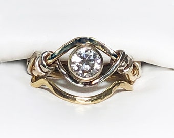 Diamond Engagement Ring | Handcrafted Two Tone 14K Gold Wave Ring with Natural Diamond | Surf & Sand Ron Vick