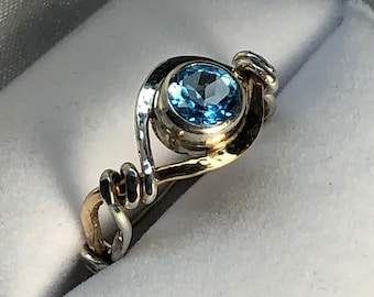 Blue Topaz Ring | Two Tone 14K Gold and Silver December Birthstone Ring | Surf & Sand Ron Vick