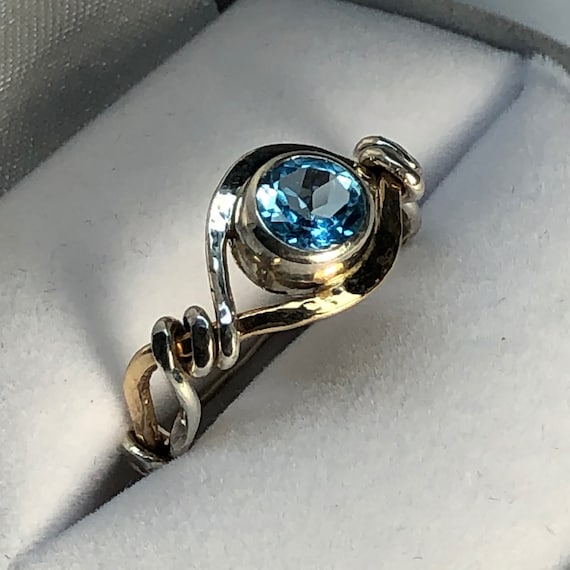 Gold and Silver Blue Topaz Ring Handcrafted 14K Gold and