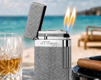 Accendino DUPONT Ligne2 in argento con incisione a diamante, doppia fiamma e suono "ping", regalo perfetto.