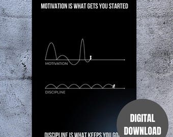 May include: Black poster with white text and graphics. The top reads "MOTIVATION IS WHAT GETS YOU STARTED." Below, a graph labeled "MOTIVATION" shows a fluctuating line. The bottom reads "DISCIPLINE IS WHAT KEEPS YOU GO." A gray circle says "DIGITAL DOWNLOAD."