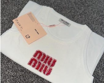 Women's white and red tank top with racerback and crop top vest, Miumiu Coachella, Y2K, sizes S, M, L