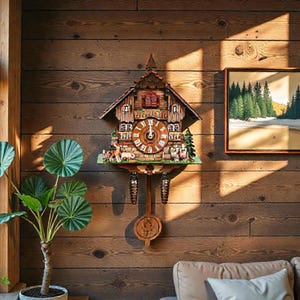 May include: A wooden cuckoo clock with a detailed, rustic design. The clock features a house-shaped top, a round clock face, and decorative elements including figurines and pine cone weights. The clock is mounted on a wooden wall, with a framed landscape painting nearby.