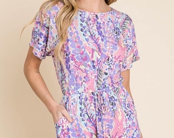 Printed Short Sleeve Romper, Women’s Casual Summer Playsuit, Romper with Pockets
