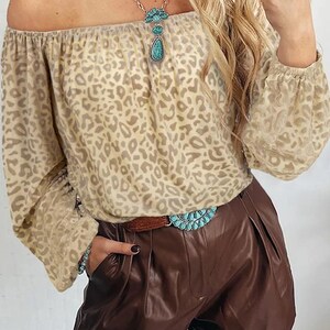 Leopard Off Shoulder Blouse, Women’s Velvet Long Sleeve Top, Casual Fall Shirt
