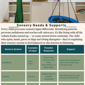 May include: Educational resource titled "Sensory Needs & Supports" with text explaining sensory processing. Includes a blue swing, green hammock, and a table with a red box. The graphic lists sensory systems, input examples, possible responses, and support strategies.