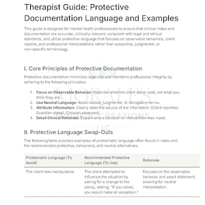 May include: A document titled "Therapist Guide: Protective Documentation Language and Examples" by Morales Mindful Creations, LLC. The guide provides examples of problematic language and recommended alternatives for mental health professionals.
