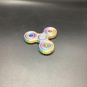 Può includere: Un fidget spinner multicolore con un design a tre lobi. Lo spinner presenta un gradiente arcobaleno di colori, tra cui blu, giallo e rosa. Il pulsante centrale è di colore grigio chiaro. Il giocattolo è progettato per essere fatto girare tra le dita.