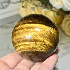 Könnte beinhalten: Eine polierte Tigeraugenkugel, die Bänder in goldbraunen und dunkelbraunen Farbtönen zeigt. Der Edelsteinball ist glatt und reflektierend, mit einem natürlichen, wirbelnden Muster. Die Kugel wird in einer Hand gehalten, mit einem weichen Hintergrund.