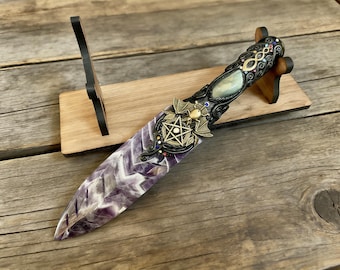 Handmade Altar Athame with Dream Amethyst Blade, Obsidian Bottom, Labradorite Handle, Natural Crystal Knife, Walnut Wood Stand, Altar Decor