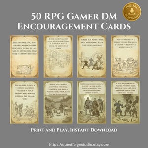 May include: Set of 50 RPG Gamer DM Encouragement Cards with illustrations and text. The cards have a vintage parchment paper look. The text includes phrases like "You did not fail" and "Today is a plot twist."