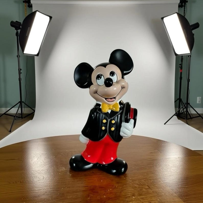 May include: A ceramic Mickey Mouse figurine, dressed in a black tuxedo with gold buttons, red pants, and black shoes. The figurine is holding a top hat and has a yellow bow tie. The background is a studio setup with lighting equipment.