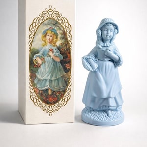 May include: A light blue ceramic figurine of a girl in a dress and hat, holding a basket and flowers, next to a box with a similar image in an oval frame. The box has a gold filigree design.
