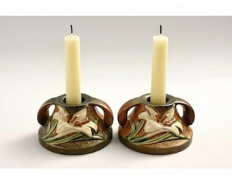 Vintage Roseville Clematis Candle Holders Pair Floral Art Pottery USA Decor
