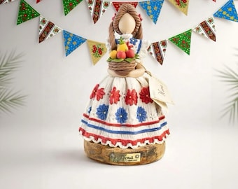 Nora Faceless Girl Figurine Republica Dominica Folk Art Holding Fruit Basket