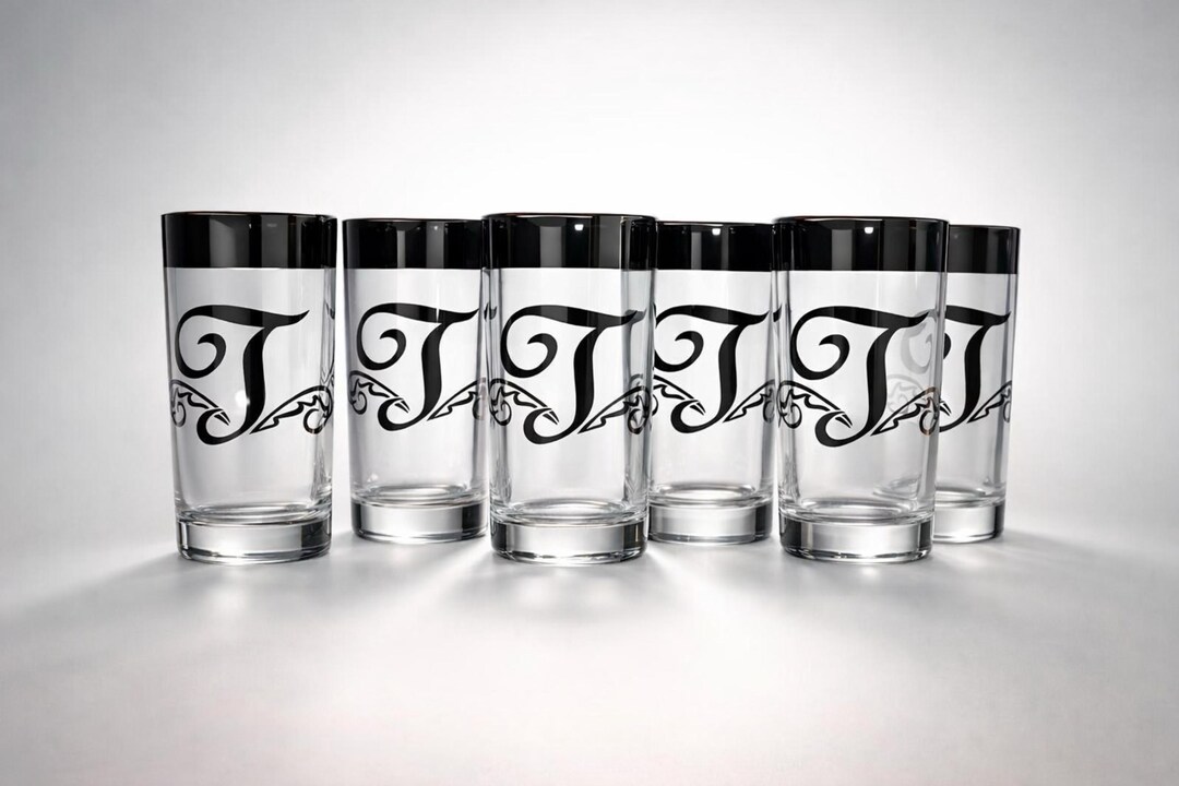 Mid-century Modern Monogrammed Tumblers | Black Rim Barware, Set of 6 ...