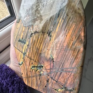 Puede incluir: Una losa de piedra labradorita pulida en forma de escudo, con una superficie lisa y prominentes estr&iacute;as lineales. La piedra muestra una paleta de colores &aacute;mbar c&aacute;lido, naranja dorado y marr&oacute;n oscuro, contrastada por una gran mancha blanca.