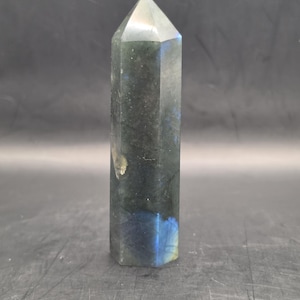 Könnte beinhalten: Ein hoher, facettierter Labradorit-Kristallpunkt. Der Stein hat eine dunkelgraue Grundfarbe mit blauen und grünen irisierenden Blitzen. Die Oberseite ist hellgrau mit einer polierten, spitzen Spitze. Der Kristall steht aufrecht.