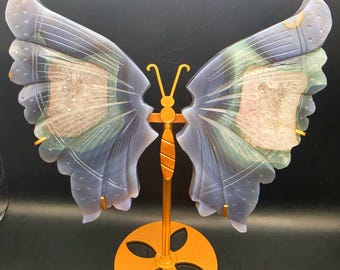 Alas de mariposa talladas en ágata drusa XL • Decoración llamativa de cristal de cuarzo rosa (Brasil)