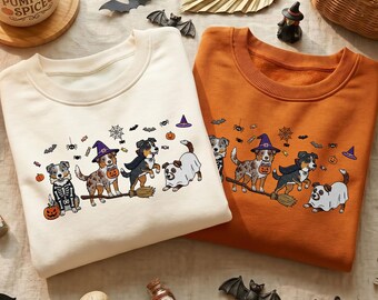 Embroidered Australian Shepherd Halloween Sweatshirt, Spooky Dog Mom Hoodie, Cute Ghost Dogs Halloween Shirt, Cute Trick or Treat Tee