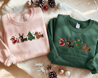 Embroidered Dachshund Christmas Sweatshirt, Wiener Dog Holiday Shirt, Dog Lover Gift, Doxie Mom Hoodie, Embroidered Tee, Christmas Dog Gifts