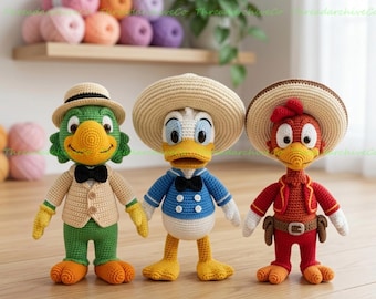 Custom The Three Caballeros Dolls, Donald Duck Doll, Crochet José Green Parrot, Panchito Pistoles Doll, Three Caballeros Plush Toys