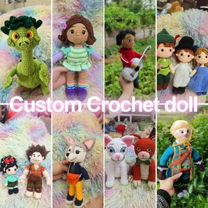 May include: A collection of custom crochet dolls featuring various characters, including a green dragon, a girl in a green dress, a figure with a guitar, a wolf, a white cat, a brown dog, and a bearded character in a blue and brown outfit.