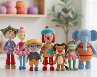 Custom Jojo's Circus Crochet Dolls,  JoJo Tickle Doll, Goliath the Lion Plush, Dinky Elephant Doll, Croaky Skeebo Dolls, Clown Plush Toys